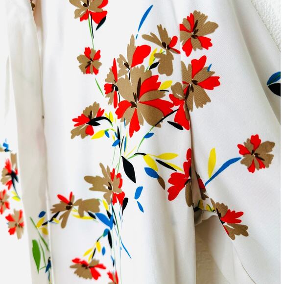 Off White Red Brown Blue Floral Long Sleeve Tie Neck Blouse Top L - Picture 4 of 11